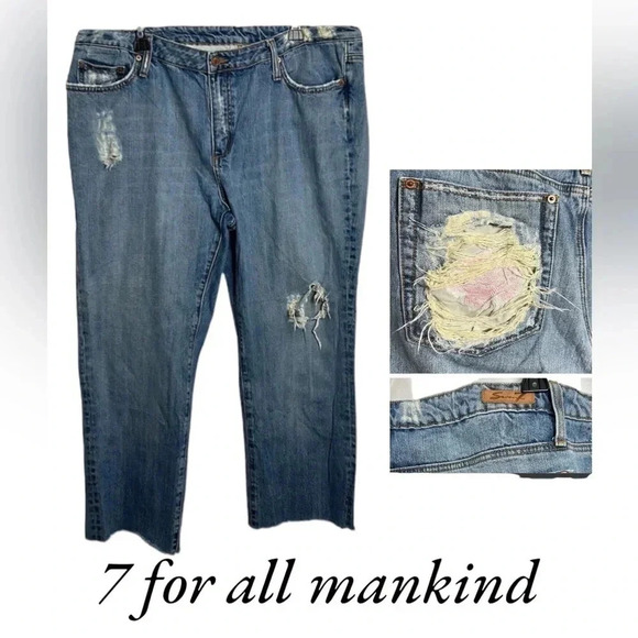 7 for all mankind woman sz 22 blue distressed cropped,floral embroidery,fray hem - Picture 1 of 15